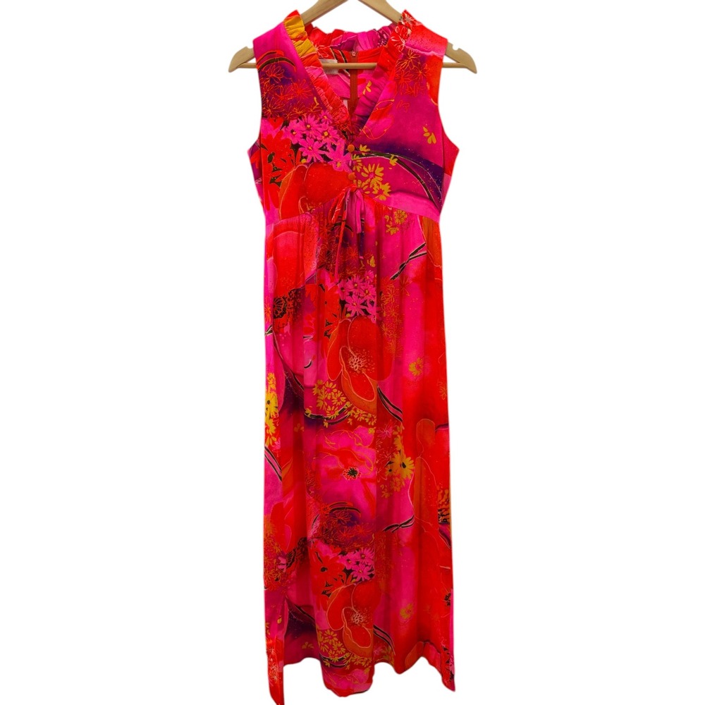 Miss Malina Honolulu Vintage Pink Red Floral Ruffle Maxi Dress‎ Womens 10 12 70s